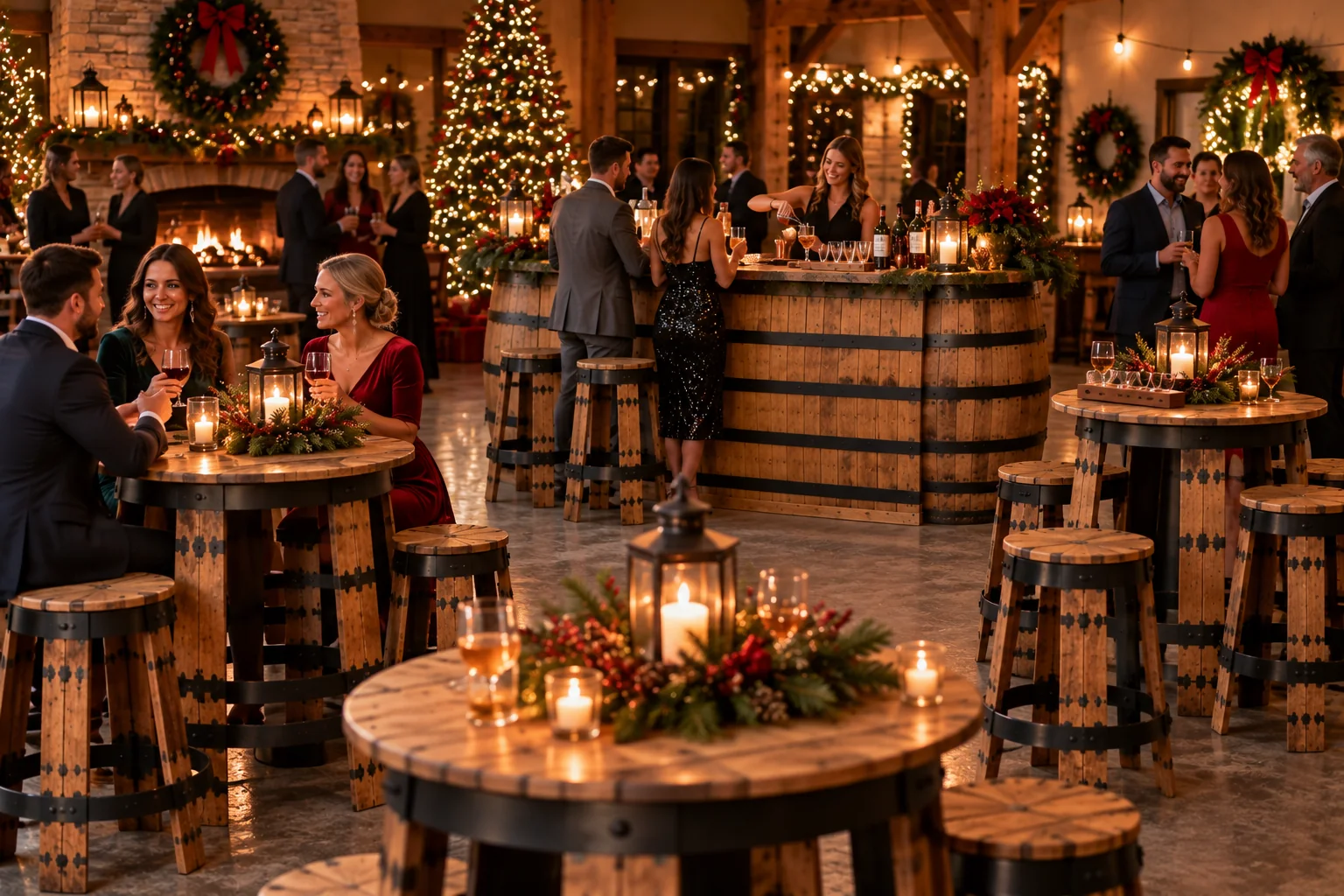Indoor Christmas party setup with Oak & Iron whiskey barrel bar, bistro tables and barrel stools