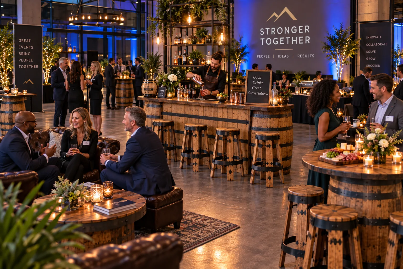 Corporate event setup with Oak & Iron whiskey barrel bar, tables and stools