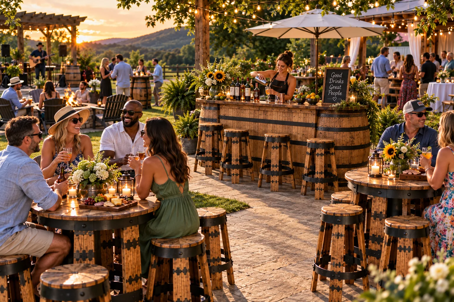 Outdoor summer gathering with Oak & Iron whiskey barrel bar, bistro tables and barrel stools