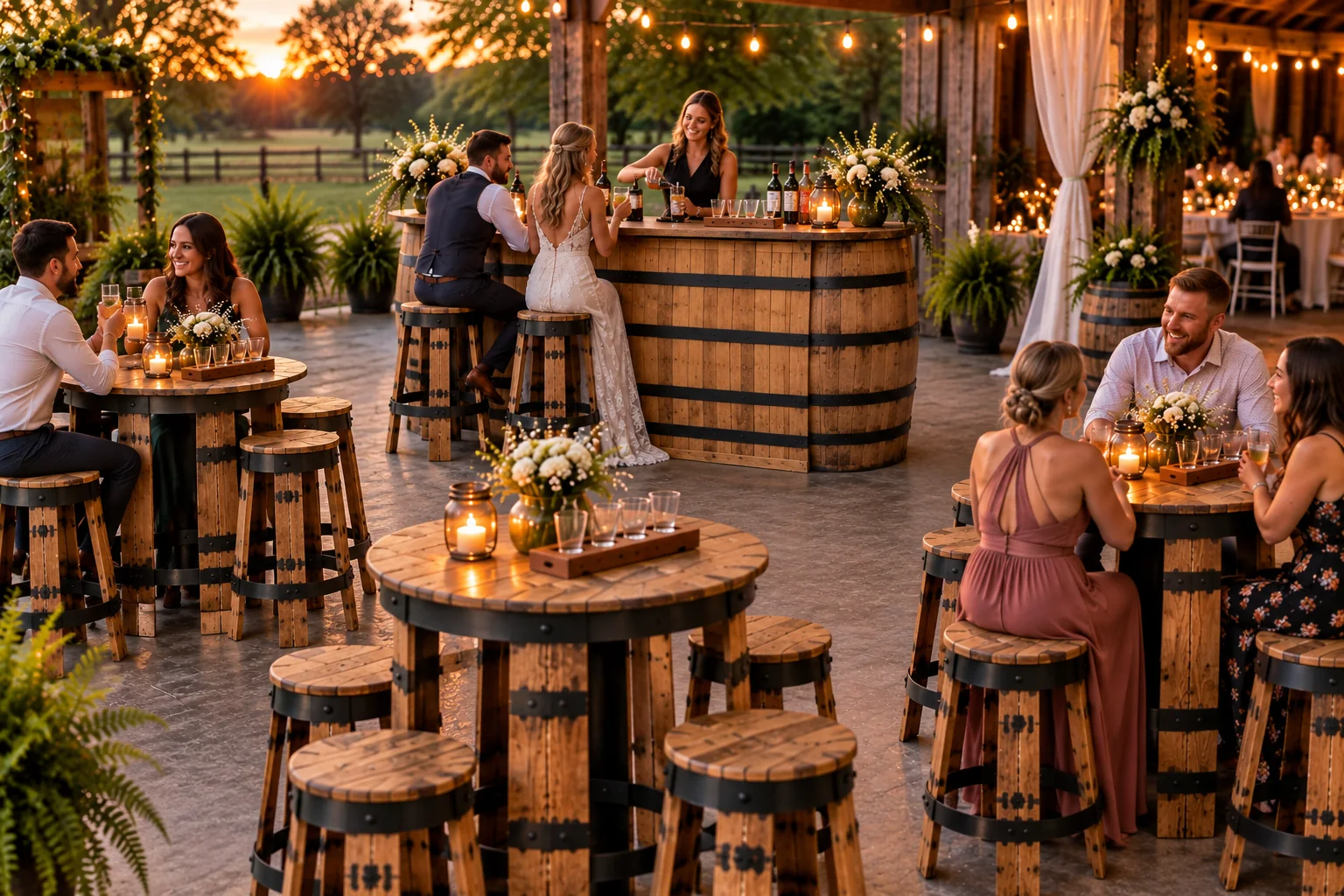 Wedding reception setup with Oak & Iron whiskey barrel bar, bistro tables, barrel stools and flight trays
