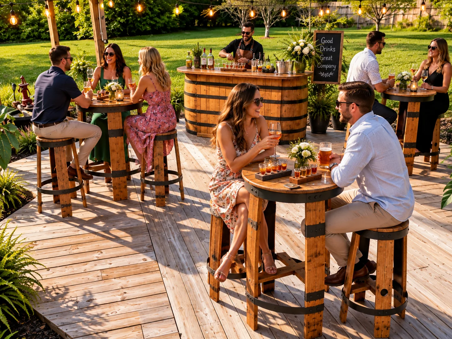Outdoor party featuring Oak & Iron whiskey barrel bar, bistro tables, barrel stools and handcrafted serving accessories